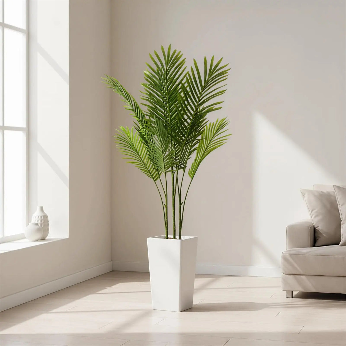 4.8FT Artificial Palm Tree, Tall Faux Plants Indoor Tropical Areca with White Planter and Lifelike Leaves, Fake Potted Trees for Living Room Bedroom Home Office Outdoor Porch Decor