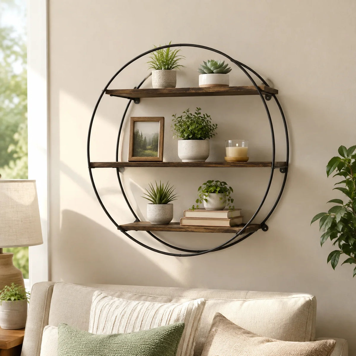 3-Tier Round Wall Shelf, Pine Wood Floating Shelves with Black Iron Frame, Industrial Display Rack for Living Room Bedroom
