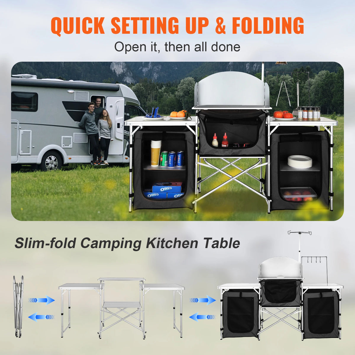 SucceBuy Camping Kitchen Table Cabinet Folding Cooking Storage Rack X-Shaped Aluminum Alloy Bracket for BBQ Picnic Garden Table