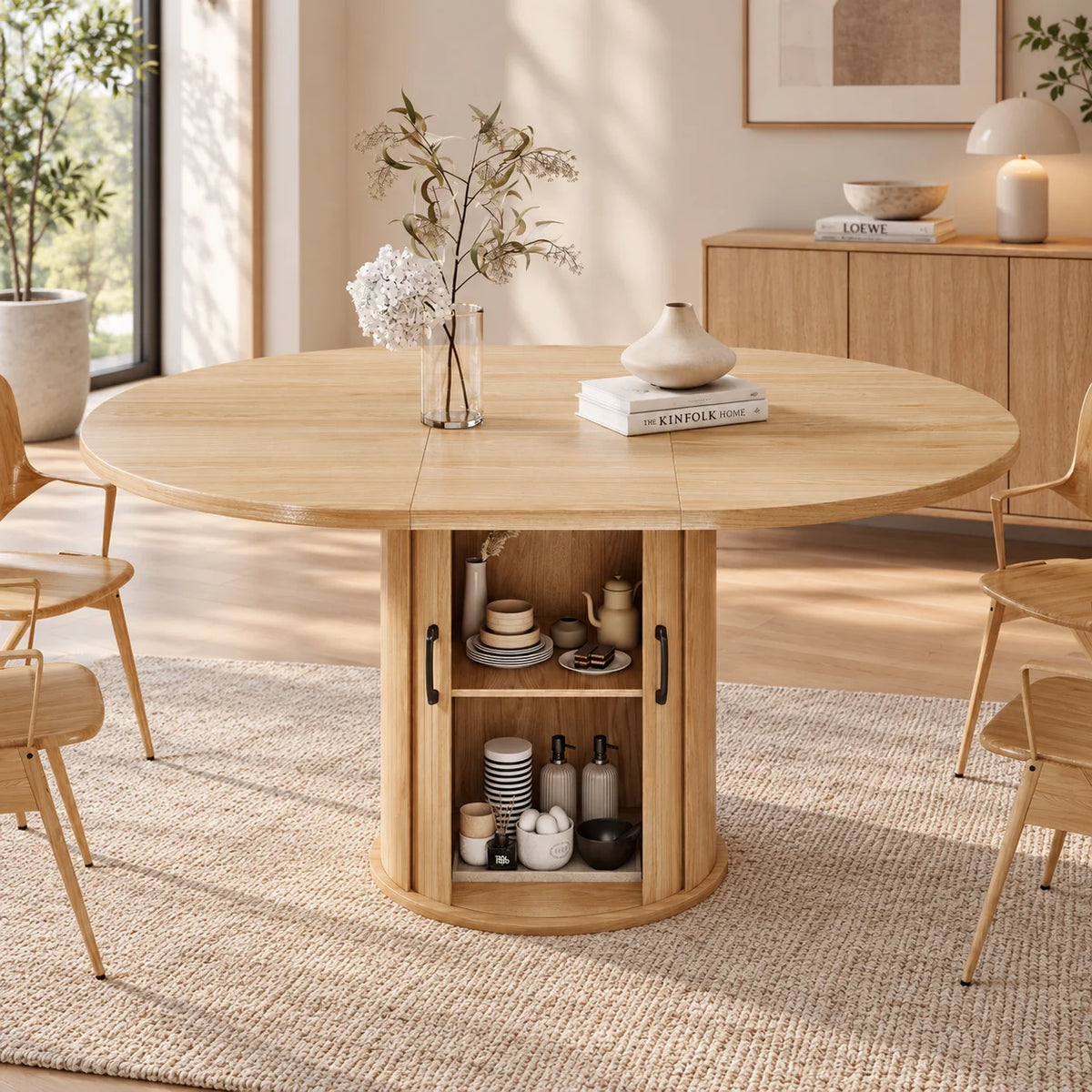 Modern Extendable Round Dining Table 47''-63'' for 4 to 8 People with 2-Tier Storage Shelf Space-Saving Oval Design Wood Kitchen Table with Pedestal Base