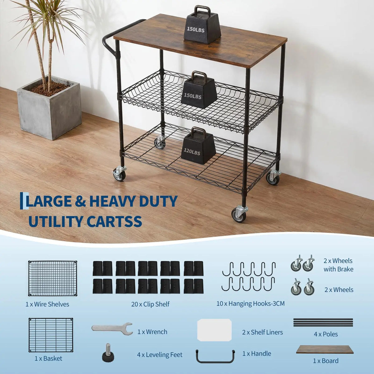 3-Tier Kitchen Island Cart With Wheels, 35.43in Heavy Duty Microwave Stand, Wood Top, Locking Utility Storage Cart For Home Bar