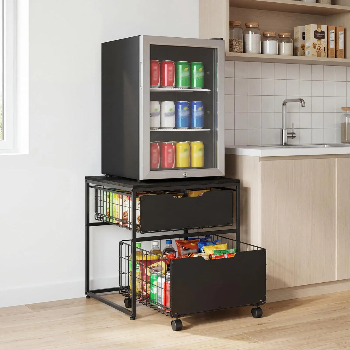 22x22 Inch Mini Fridge Stand With 2 Pull Out Storage Baskets, 4 Wheels, 300 lb Steel Frame Refrigerator Table For Dorm Kitchen Office