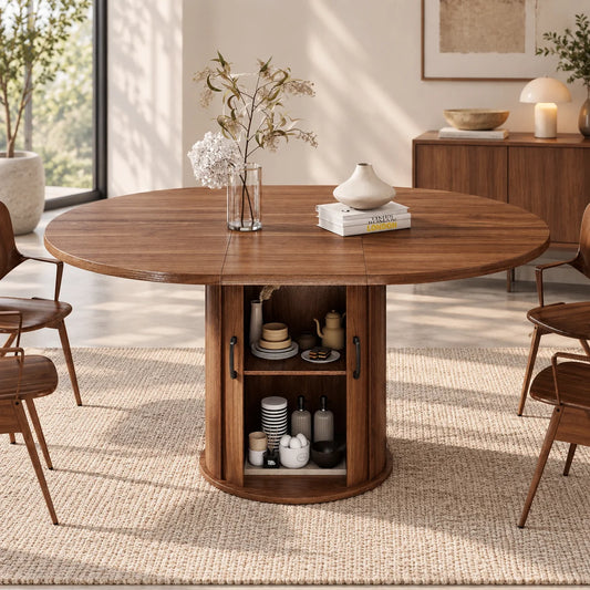Modern Extendable Round Dining Table 47''-63'' for 4 to 8 People with 2-Tier Storage Shelf Space-Saving Oval Design Wood Kitchen Table with Pedestal Base