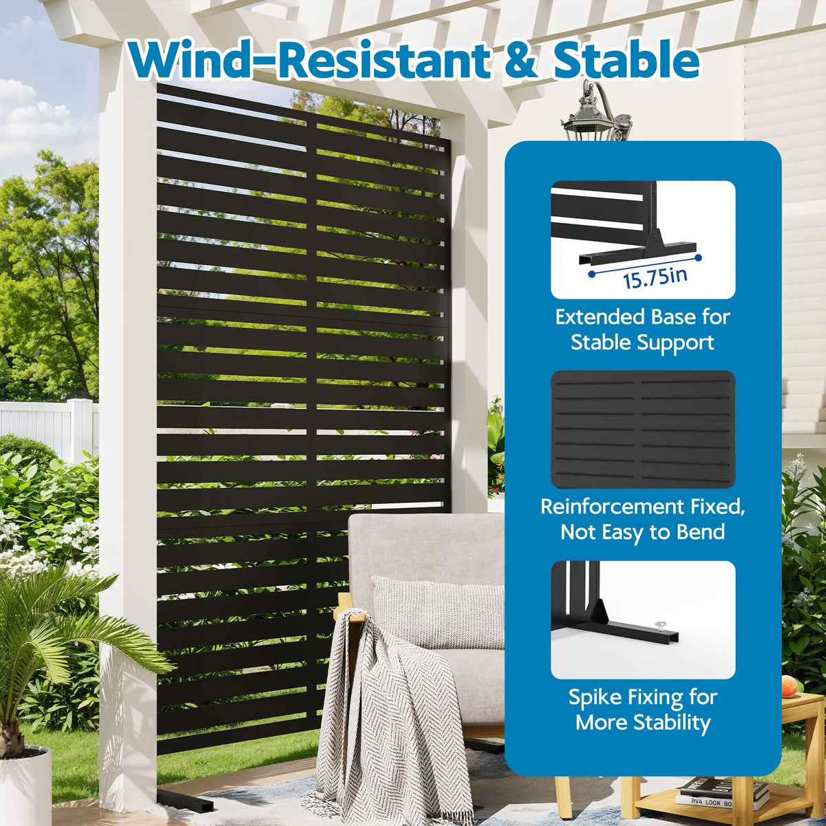 6FT Outdoor Metal Privacy Fence Freestanding Screen Panel With Stand, Decorative Room Divider For Patio Yard Balcony