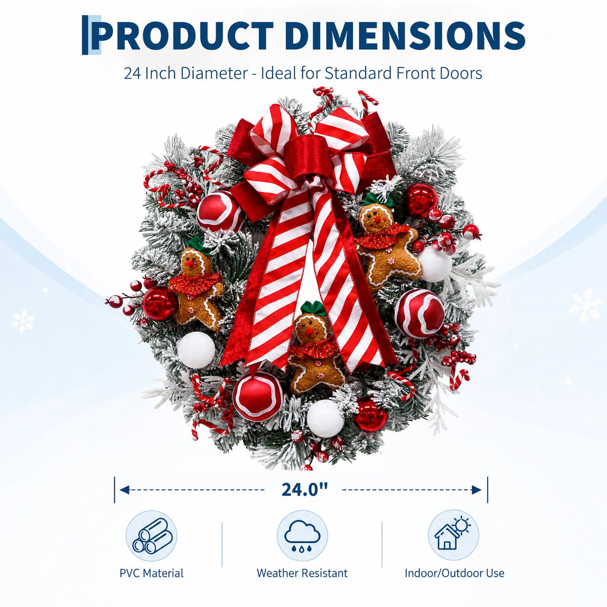 24 Inch Christmas Wreath for Front Door with Gingerbread Man Ribbon & Lights, Festive Holiday Xmas Door Wreath Decor for Entryway, Porch & Wall