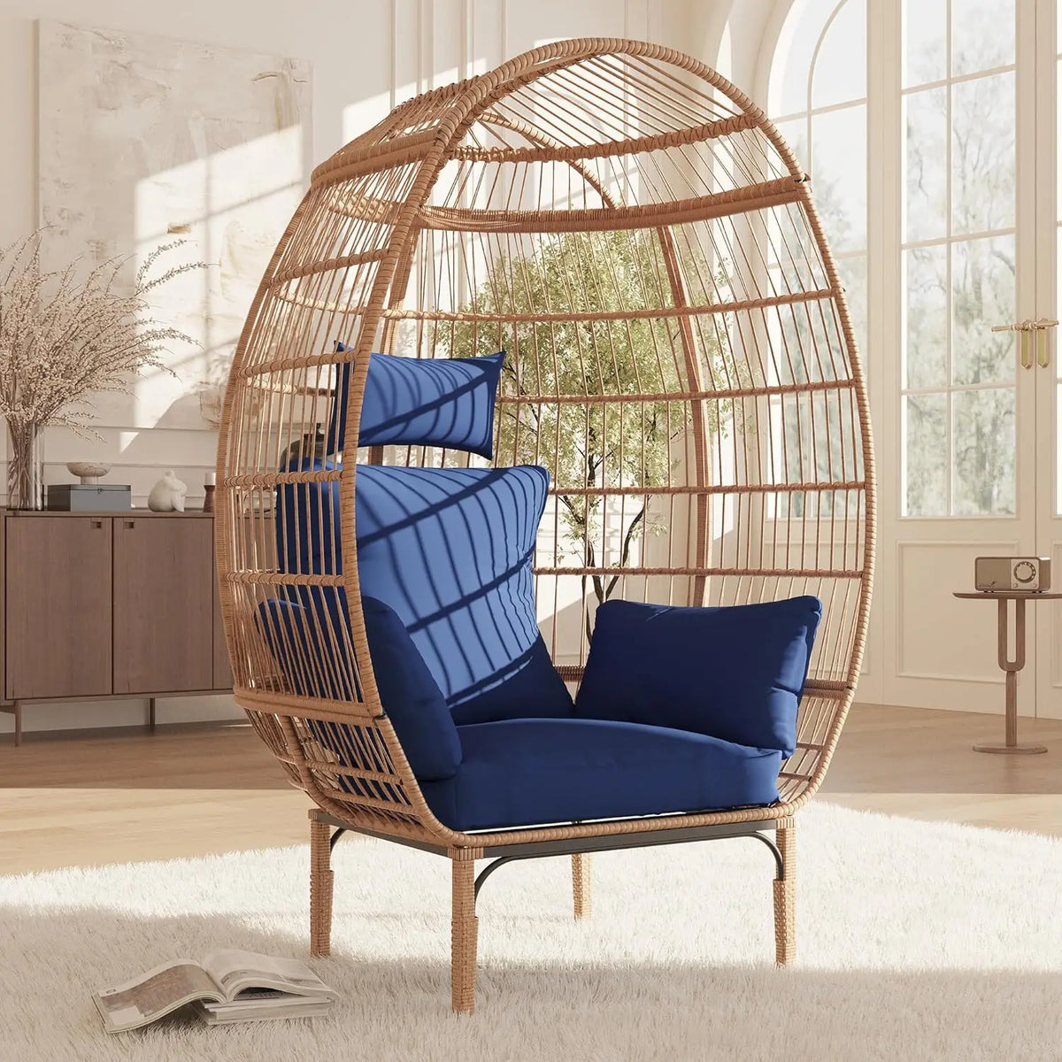 Egg Chair Wicker Outdoor Chair, Patio Chair Lounger Chair with 5 Cushion for Living Room, Bedroom, Patio Backyard Balcony