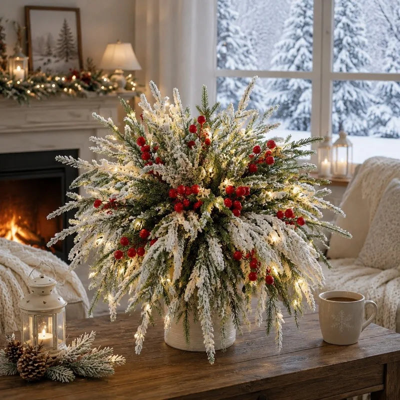 21 Artificial Norfolk Pine Branches with Light String Design, Featuring Red Berries, 12.8-inch Christmas Green, Choose Norfolk Pine Trunks and Fake Pine Needles for Vase Filling, DIY Craft Flower Garland Home Decoration Cream