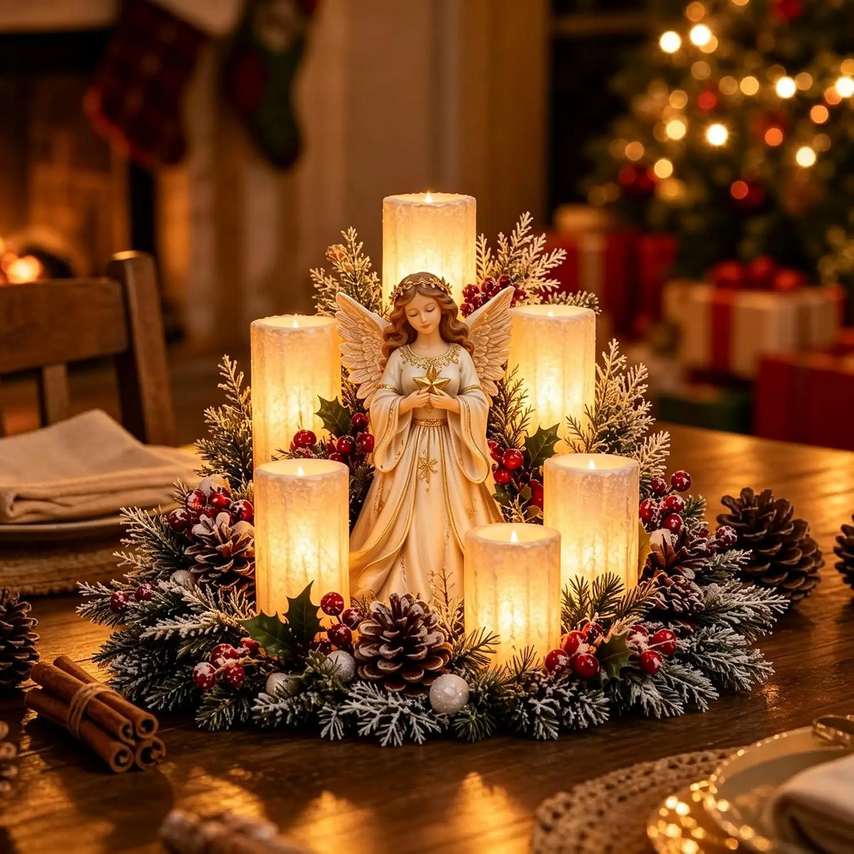 TREBIN Christmas Lighted Centerpiece with Flameless Candle Glow (Angle)