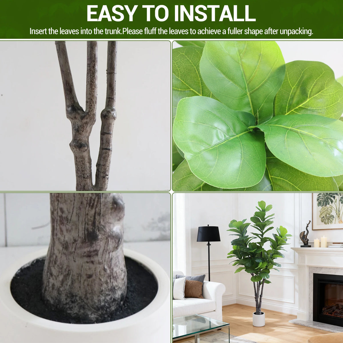 Lifelike Artificial Fiddle Leaf Fig Tree 6FT with Tall Exquisite Planter Faux Ficus Lyrata Fake Floor Plant with Lifelike Leaves& Pebbles, for Outdoor Indoor Home Office, Living Room Decor