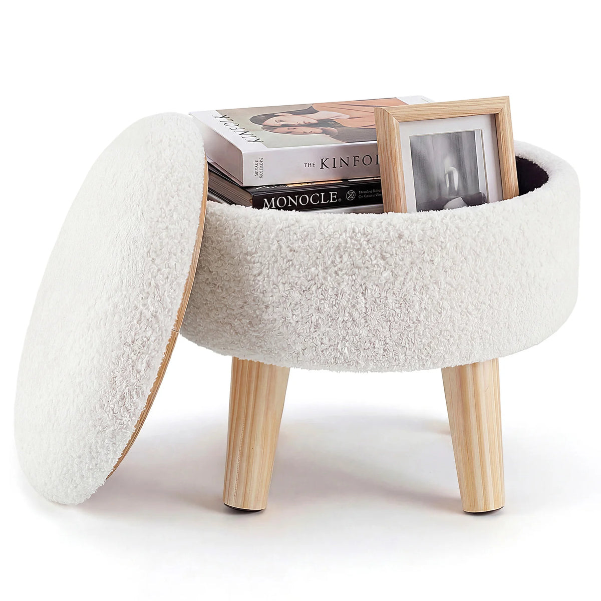 MCQ Round Velvet Ottoman Foot Rest Stool with Storage Makeup Cute Soft Small Footstool Wood Legs with Anti-Slip Feet for Living Room Bedroom Entryway