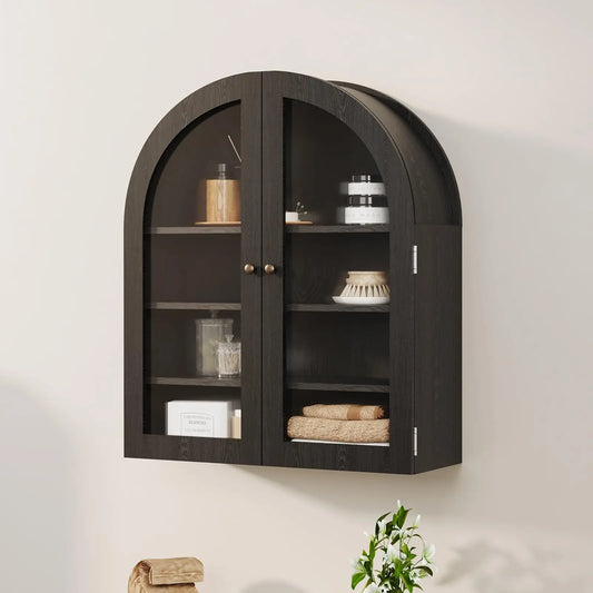 Arched Wall Cabinet with Doors & Adjustable Shelf, Modern Black Medicine Cabinet, Wall Mounted Storage Cabinet for Bathroom, Kitchen, Livingroom
