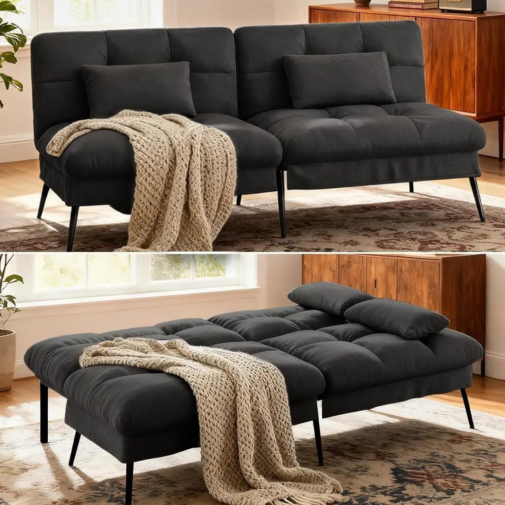 72 Inch COMHOMA Futon Sofa Bed - Fabric Convertible Couch Adjustable Backrest Folding Sleeper Recliner for Living Room Black