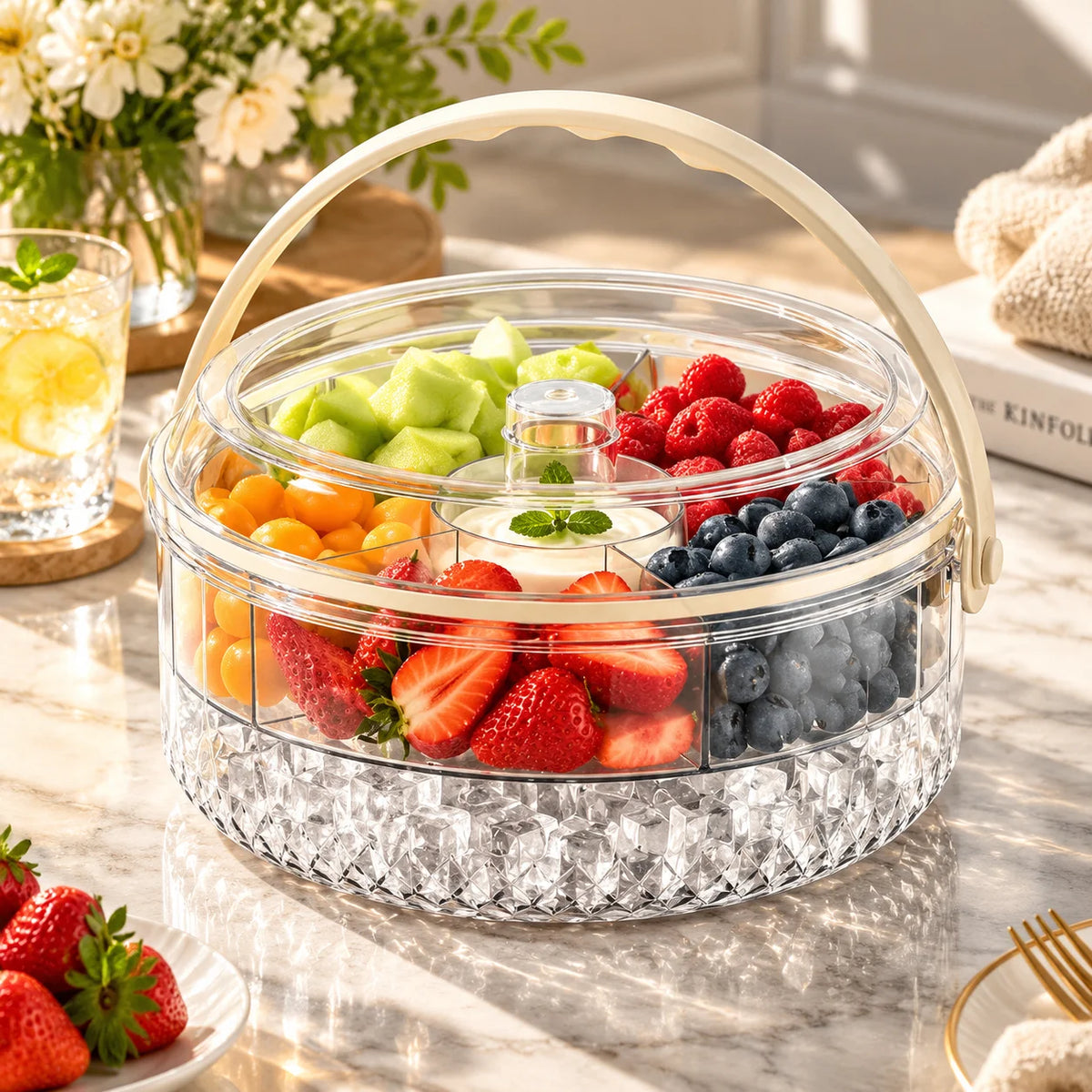 Clear Divided Iced Fruit Storage Box with Handle, Multi-Compartment Fruit Serving Container with Lid, Portable Fruit Tray for Kitchen, Parties, Picnics and Home Use