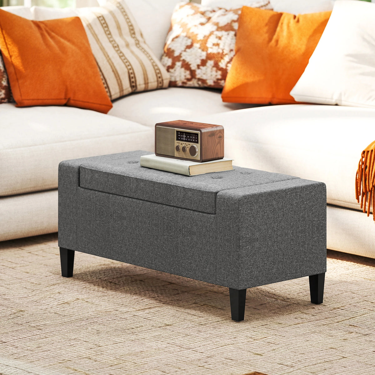 HOMCOM 36" Ottoman with Storage, Storage Ottoman Bench with Lift Top and Rubberwood Legs, Linen Upholstered Entryway Seat for Living Room, Bedroom, Holds up to 330 lb, Gray