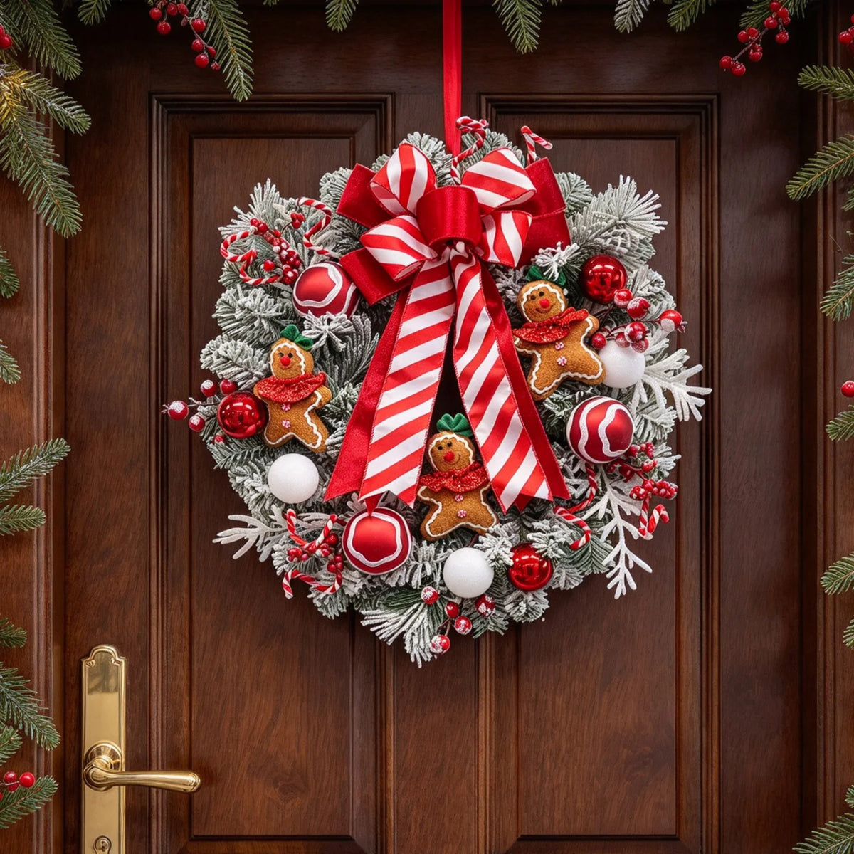 24 Inch Christmas Wreath for Front Door with Gingerbread Man Ribbon & Lights, Festive Holiday Xmas Door Wreath Decor for Entryway, Porch & Wall