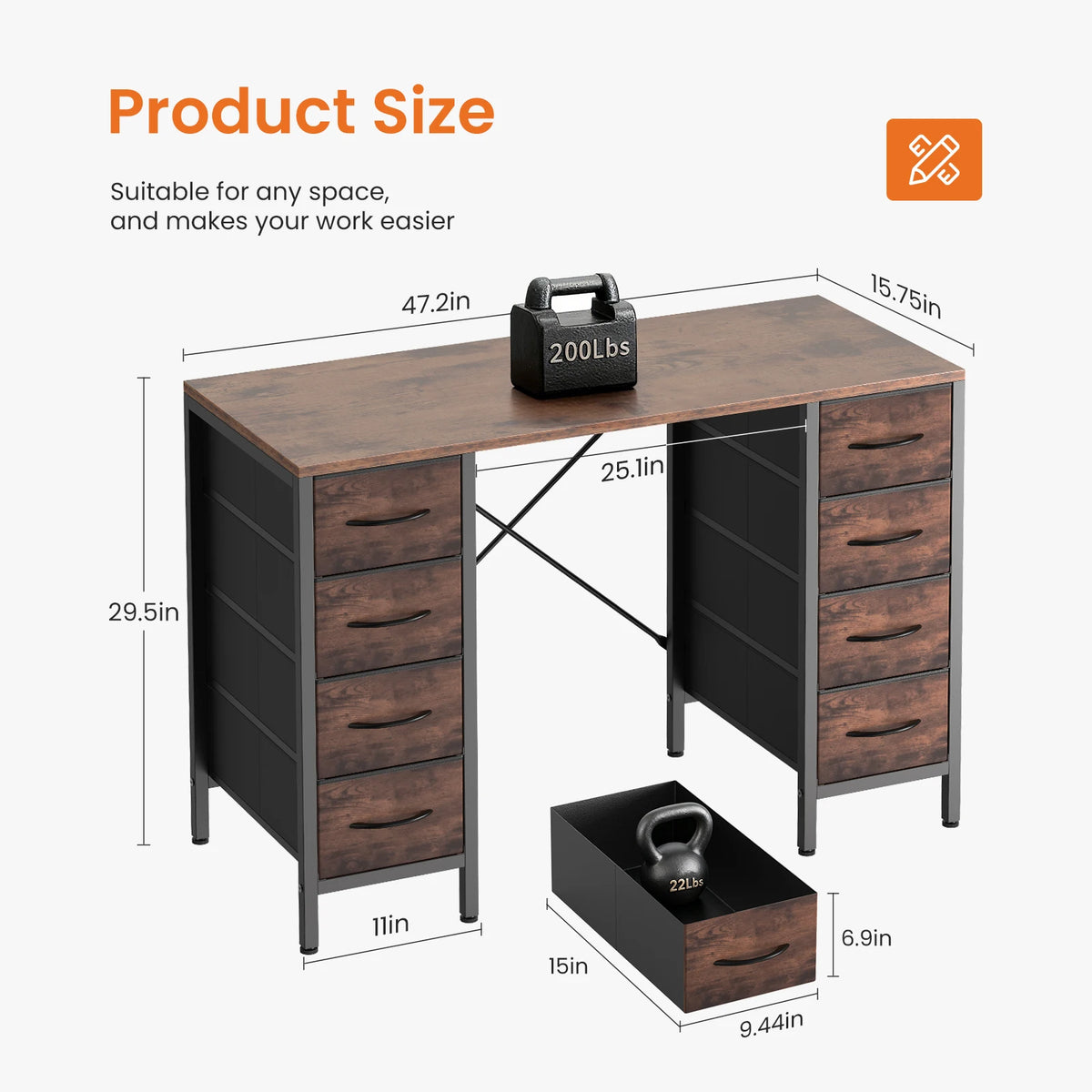 MCQ 47 Inch Standing Office Computer Desk with 8 Fabric Drawers Ergonomic X-Shaped Reinforced Structure Writing Study Work Table Gaming Table for Home Office Use Workstation ﻿