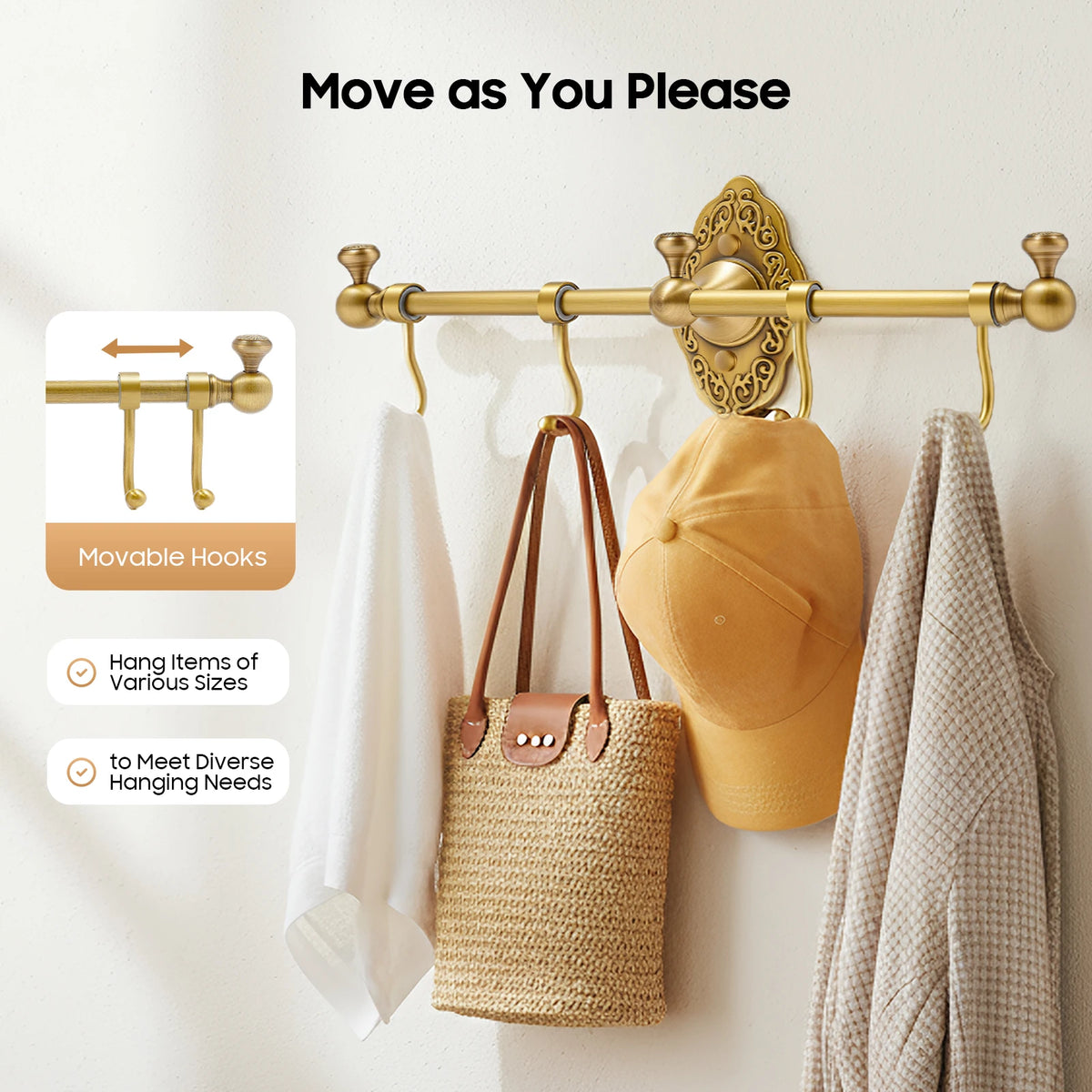 4 Hooks Bathroom Towel Rack, Clothes Hanger Garment Rack, Hat Holder Brass with Hooks for Toilets, Hotels Gold