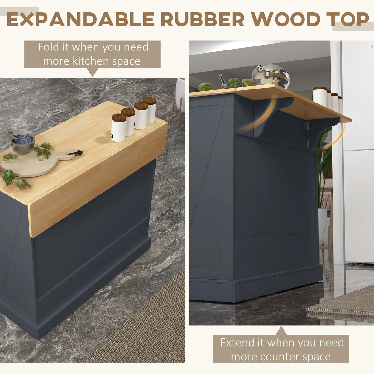 Rolling Kitchen Island with Drop Leaf Wood Breakfast Bar, Farmhouse Kitchen Cart with 2 Drawers, Adjustable Shelves for Dining Room, Dark Gray