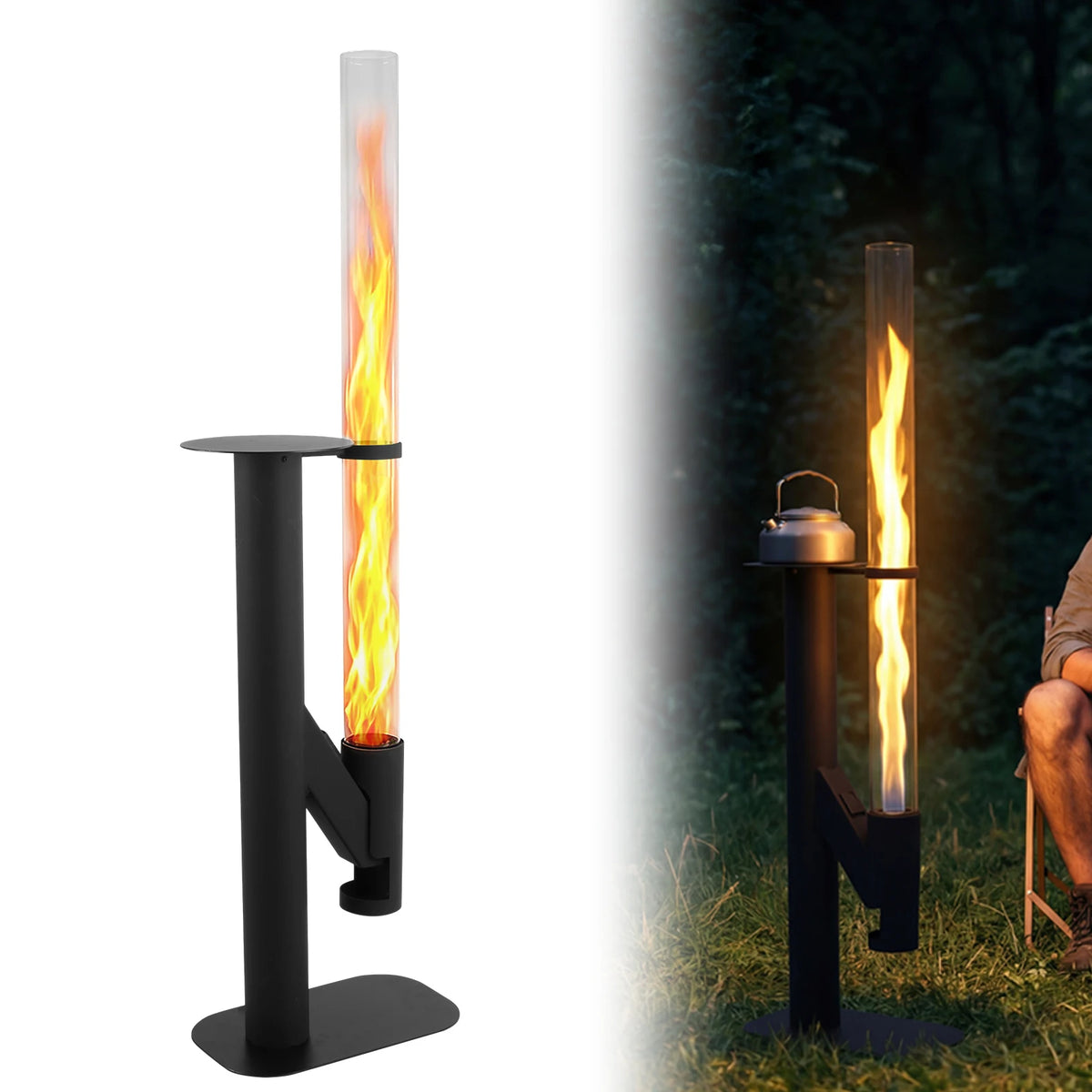 50.79in Patio Heater Wood Stove with Glass Tube Modern Outdoor Fireplace with Table for Porch Party RV Tailgating Camping