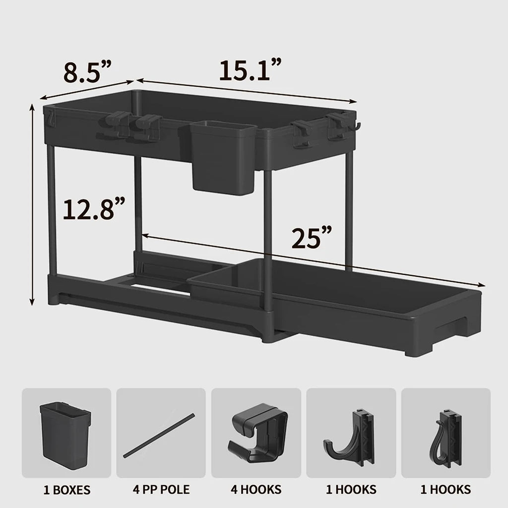 2 PCS Under Sink Organizer With Pull Out Shelves, 2 Tier Expandable Cabinet Storage Rack, Adjustable Under Sink Shelf For Bathroom Kitchen