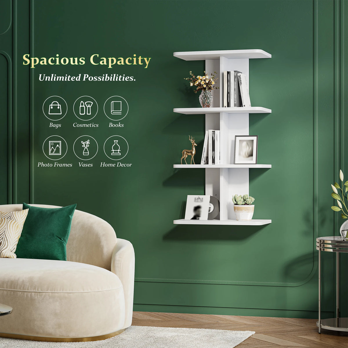 4-Tier Vertical Wall Column Shelf, White Wall Mounted Storage Rack, Modern Symmetrical Organizer, Space Saving for Small Apartments & Rooms