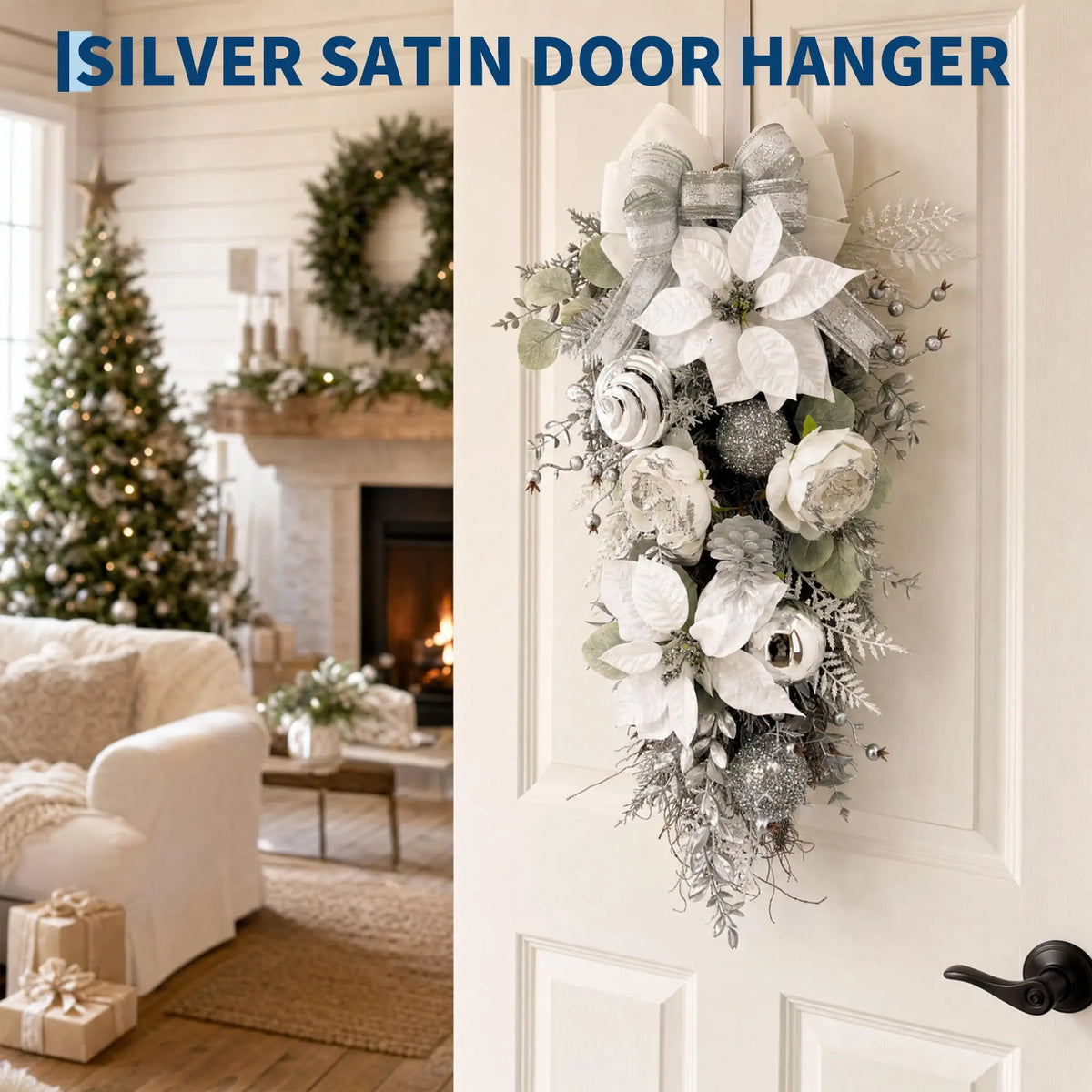 30 Inch Silver White Christmas Teardrop Swag With Frosted Pine, Roses Poinsettia Bow For Front Door Mantel Wall Holiday Decor