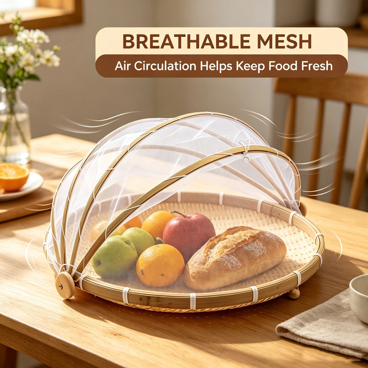Handwoven Bamboo Serving Basket with Mesh Canopy – Round Picnic Tent for Dust-Free Storage, Perfect for Indoor & Outdoor Picnics