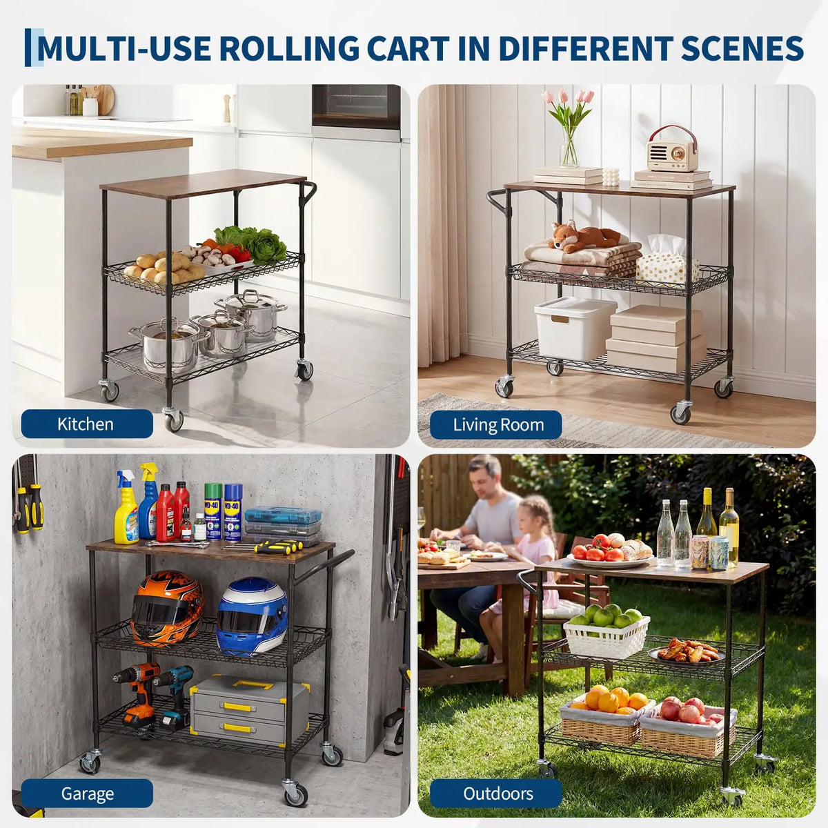 3-Tier Kitchen Island Cart With Wheels, 35.43in Heavy Duty Microwave Stand, Wood Top, Locking Utility Storage Cart For Home Bar