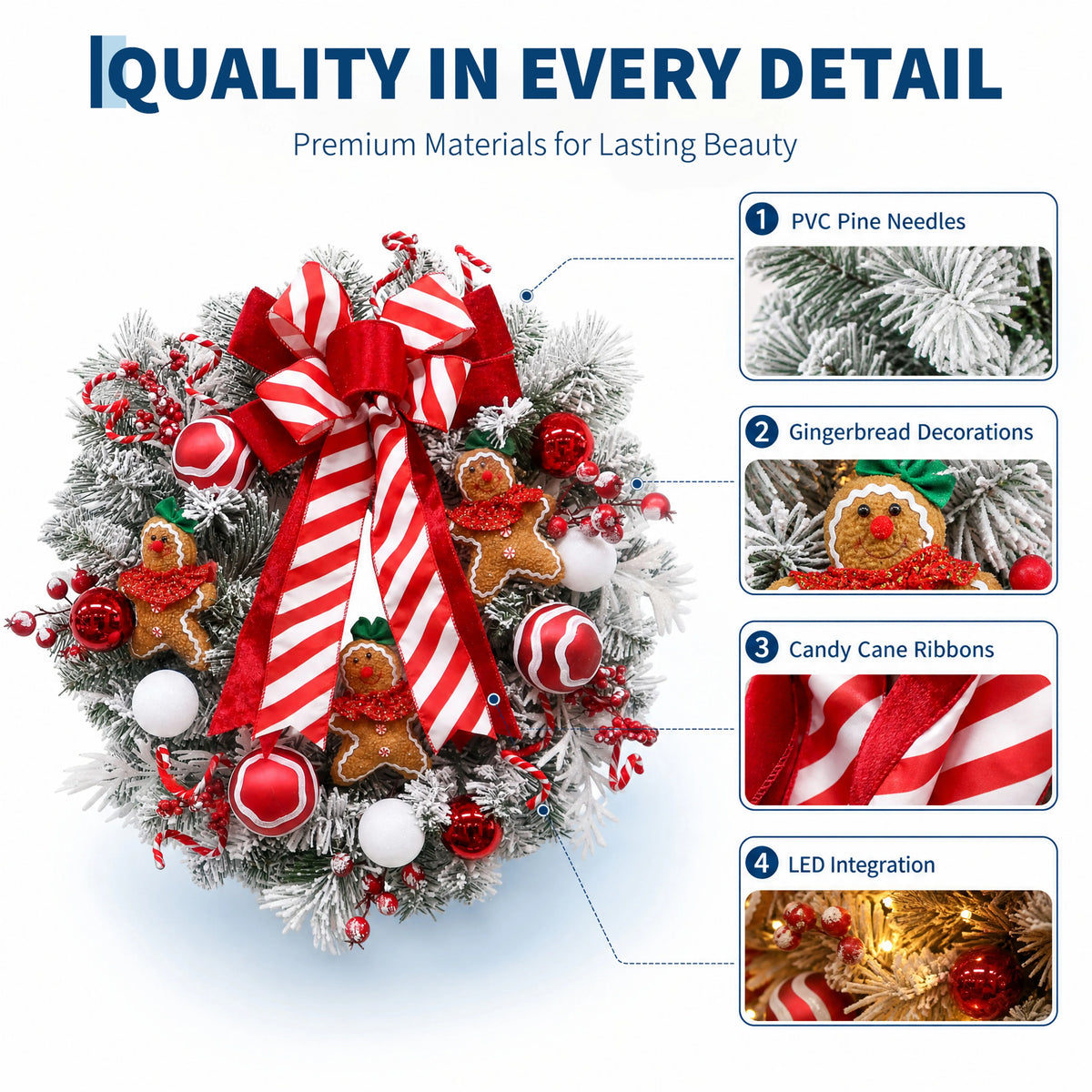 24 Inch Christmas Wreath for Front Door with Gingerbread Man Ribbon & Lights, Festive Holiday Xmas Door Wreath Decor for Entryway, Porch & Wall