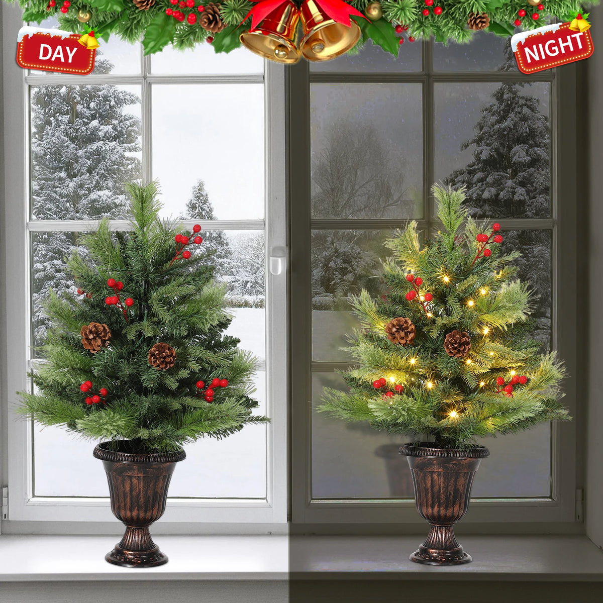 Mini Artificial Christmas Tree Pre Lit 2ft 3ft with 40 70 Warm LED Lights Pine Cones Red Berries Tabletop Holiday Decor for Home Office Indoor Outdoor