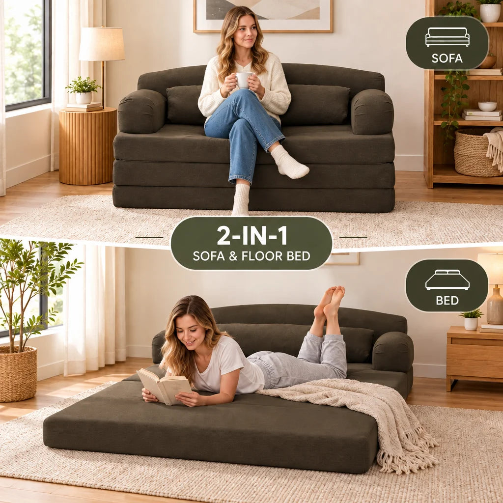 Foldable Corduroy Sofa Bed, Convertible 2-in-1 Stackable Floor Sofa with Removable Cover, High Density Foam Couch for Small Apartment Guest Room