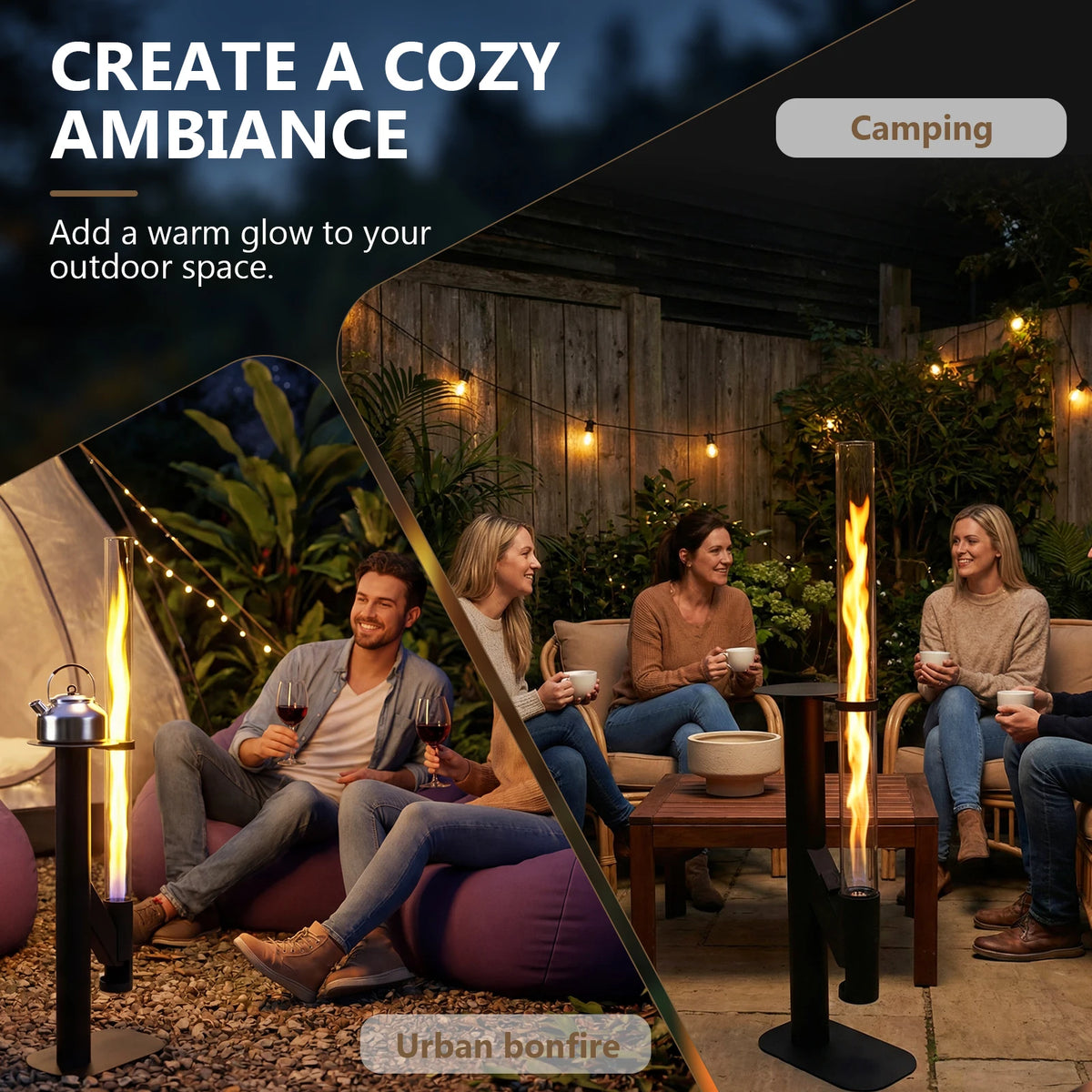 50.79in Patio Heater Wood Stove with Glass Tube Modern Outdoor Fireplace with Table for Porch Party RV Tailgating Camping
