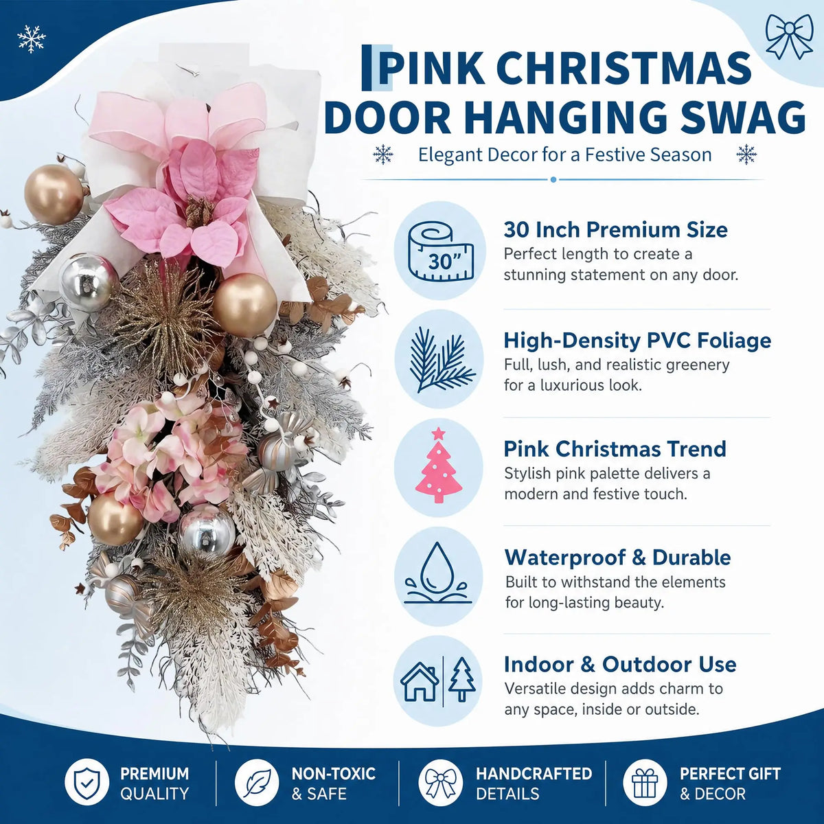 30 Inch Pink Christmas Teardrop Swag With Satin Ribbon Bow, Frosted Pvc Pine For Front Door Wall Window Mantel Holiday Decor