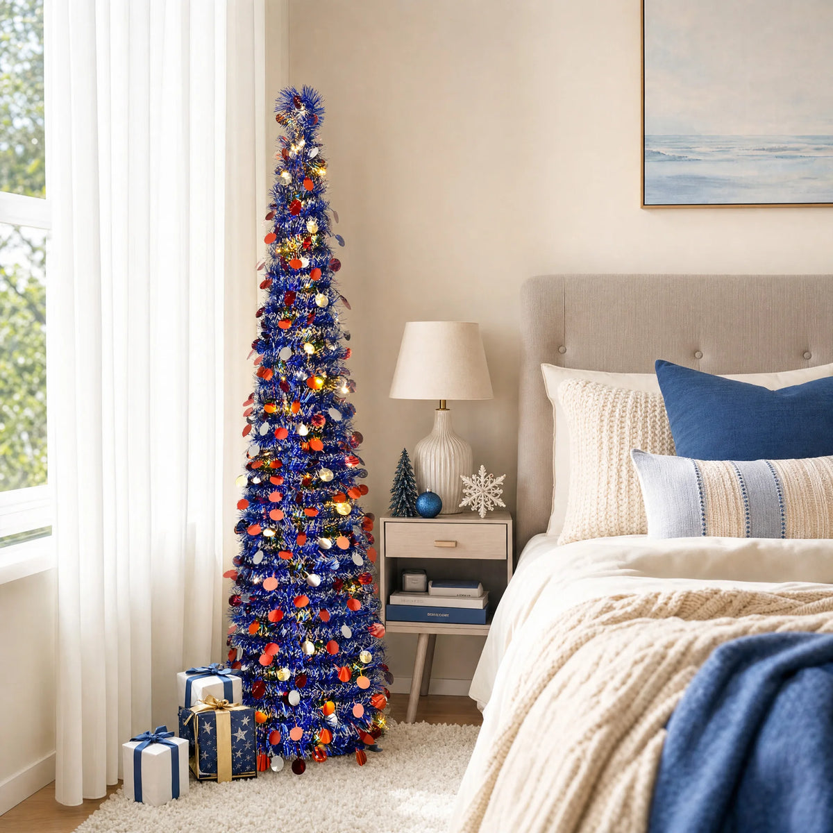 Pop Up Christmas Tree, 59 Inch Pre-Lit Collapsible Artificial Christmas Tree, Red White Green Tinsel Foldable Slim Christmas Tree with Star Ornaments, 1 Pack for Indoor Holiday Home Decor