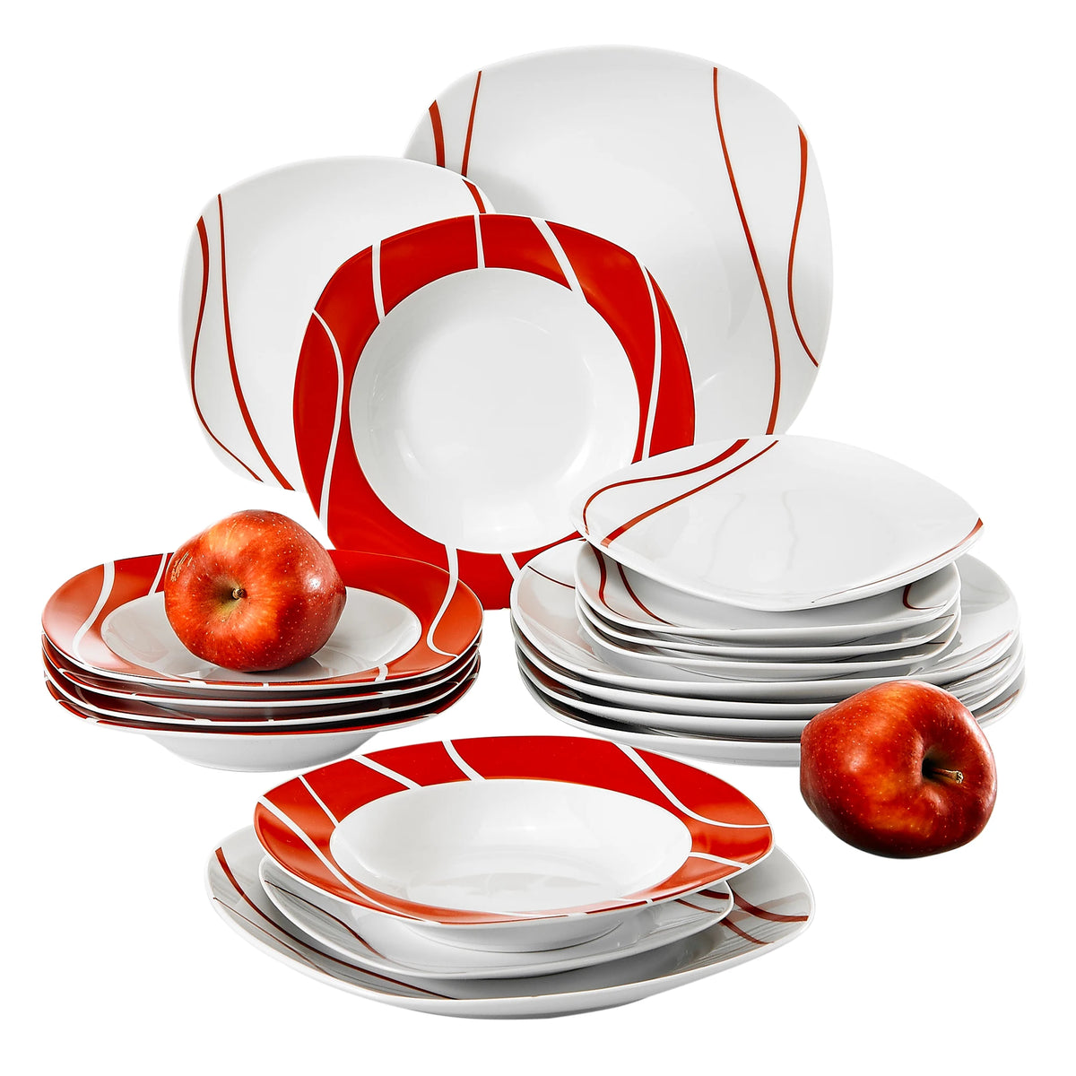 MALACASA Series Felisa 18-Piece Red Stripes Porcelain Dinner Set with 6*Dessert Soup Dinner Plates Service For 6person